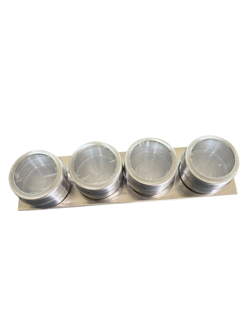 Set 4 Magnetic Spice Jars W/Covers Silver Metal On Rack Dispenser Holes Kitchen
